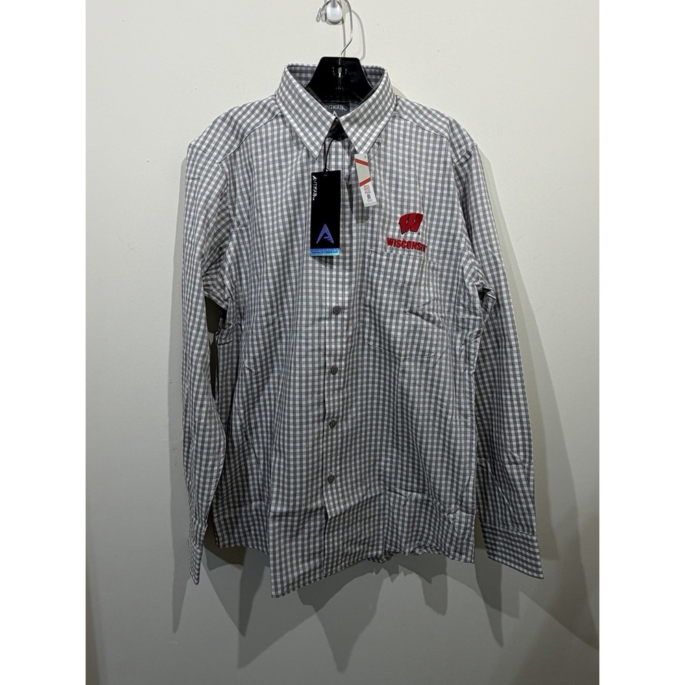 New University Of Wisconsin Antigua M Embroidered Silver White Button Up Shirt